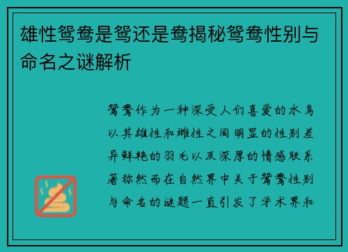 雄性鸳鸯是鸳还是鸯揭秘鸳鸯性别与命名之谜解析