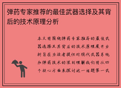 弹药专家推荐的最佳武器选择及其背后的技术原理分析