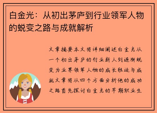 白金光：从初出茅庐到行业领军人物的蜕变之路与成就解析